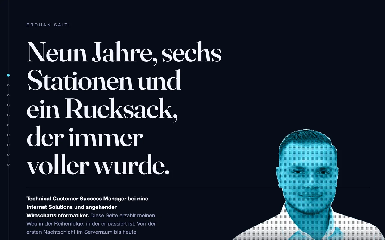 Startseite von erduan.ch mit der Überschrift Neun Jahre, sechs Stationen
