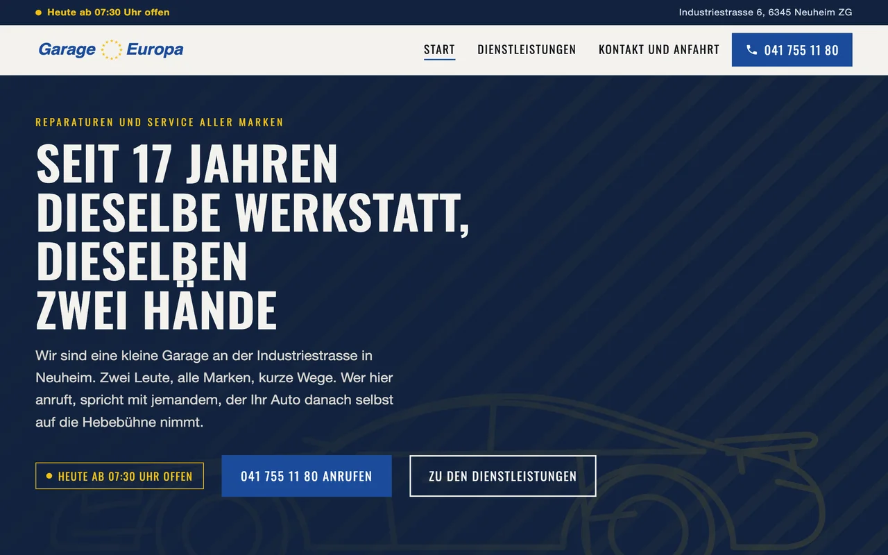 Startseite von garage-europa.ch mit Logo, Öffnungszeiten und Telefonnummer