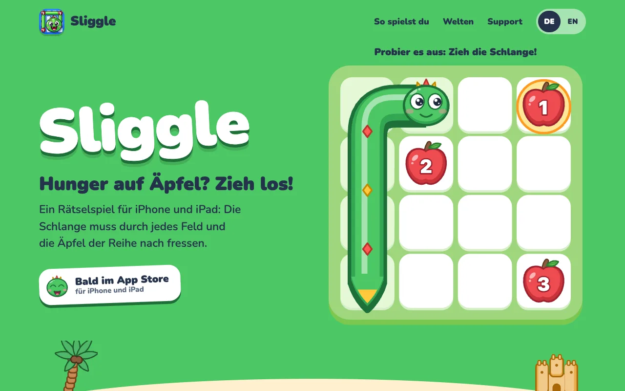 Startseite von saitidigital.com mit dem Schriftzug Sliggle und einem Level, das sich selbst vorspielt